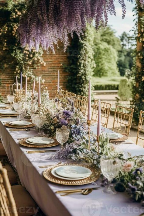 Lilac And Sage Table Setting, Lavender And Green Wedding Decorations, Wedding Table Purple, Formal Wedding Place Settings, Enchanted Garden Wedding Reception, Purple And Green Table Setting, European Garden Party Wedding, French Wedding Table Setting, Sage And Lavender Wedding Centerpieces