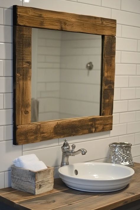 "Give your mirror a rustic update with a DIY Reclaimed Wood Frame! 🪞🛠️ Perfect for adding warmth and charm to any room. #ReclaimedWoodDIY #MirrorFrame #RusticHomeDecor" Diy Wood Framed Mirror Bathroom, Diy Rustic Mirror Frame Ideas, Rustic Wood Mirror Frame, Farmhouse Bathroom Mirror Ideas, Reclaimed Wood Mirror Frame, Diy Rustic Mirror, Bathroom Mirror Diy, Diy Mirror Frame Bathroom, Frame Bathroom Mirror