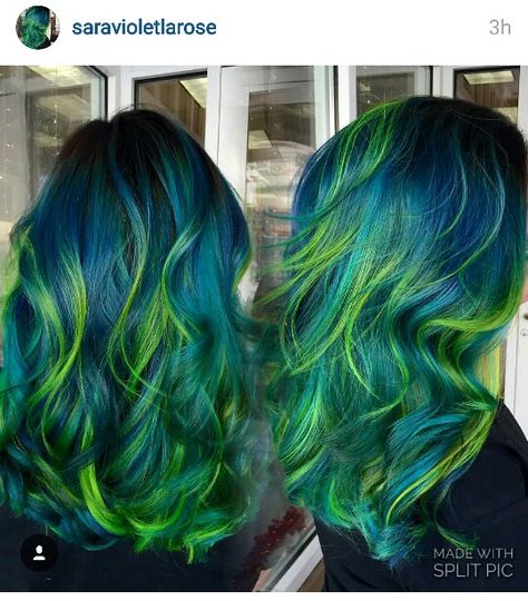 Blue Hair Green Highlights, Blue And Neon Green Hair, Blue To Green Ombre Hair, Blue And Green Hair Ideas, Blue And Green Hair Ombre, Dark Blue And Green Hair, Teal And Green Hair, Peacock Hair Color, Green Hair Color Ideas