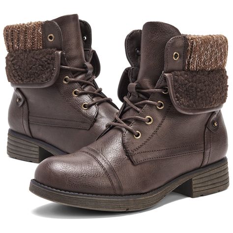 PRICES MAY VARY. [100% VEGAN DESIGN]: Combat boots are constructed out of heavy-duty vegan leather that resists wear and tear, making these boots perfect for work or play. Buy these guilt-free, your purchase is making no dent in the environment [COMFORTABLE SWEATER COLLAR]: Combat Boots have Ultra-soft padded collar for a comfortable fit around the ankle, protect your feet and ankles, keep warm from cold [GREAT TRACTION]: The slip-resistant rubber sole for Moda Chic Combat booties has a special Fall Nights, Combat Style, Womens Combat Boots, Comfortable Sweater, Walking Boots, Boots Brown, Ankle Bootie, Chic Woman, Comfortable Fashion