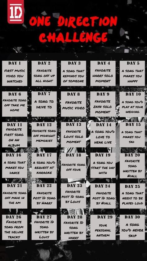 one direction 1D song challenge for 30 days One Direction Games, Best Song Ever One Direction, 30 Day Music Challenge, Letter Song, 1d Songs, One Direction Jokes, Music Challenge, One Direction Music, 30 Day Song Challenge