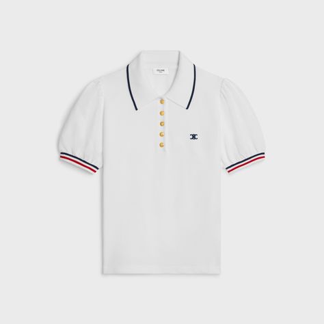 triomphe polo shirt in cotton piqué - OFF WHITE / NAVY / RED | CELINE Celine Shirt, Job Office, Material Gworl, Celine Triomphe, 2023 Ss, Sweatshirts For Women, White Shirts Women, Skirt And Sneakers, Denim Overalls