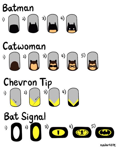 Batman / catwoman nails / manicure Batman Nail Art, Art Tutorials For Beginners, Superhero Nails, Batman Nails, Batman Catwoman, Nail Art Tutorials, Bat Man, Latest Nail Trends, Cat Woman