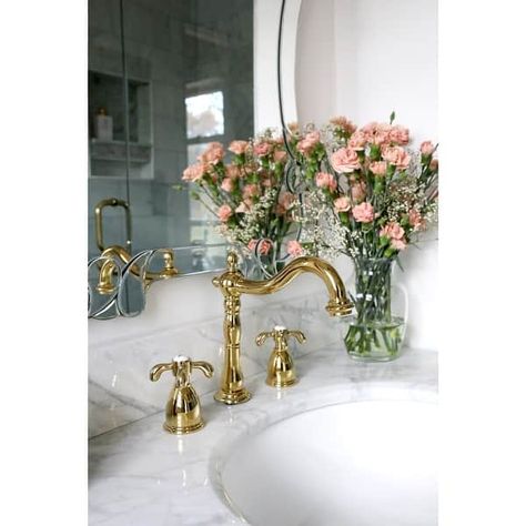 French Country 8 in. Widespread Bathroom Faucet in Polished Brass - On Sale - Bed Bath & Beyond - 32402531 Remodel Basement, Brass Bed, Widespread Bathroom Faucet, Elegant Bathroom, Kingston Brass, Bathroom Style, Cheap Decor, French Country Decorating, Bathroom Faucet