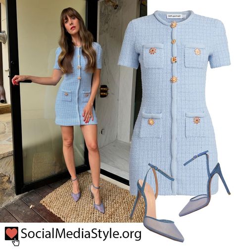 #AlisonBrie #bluedress #minidress #knitdress #meshpumps #SelfPortrait #AndreaWazen Andrea Wazen, Denim Pumps, Alison Brie, Knit Mini Dress, Brie, Self Portrait, Get The Look, Saks Fifth Avenue, Knit Dress