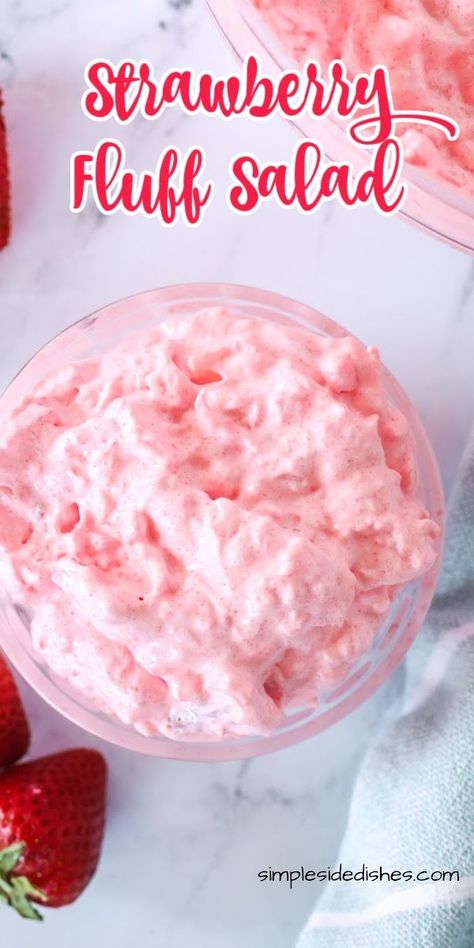 Strawberry Fluff Salad is fast, easy, colorful, and tasty that it will surprise you how often you come back for more of the tasty pink fluff! #strawberryfluffsalad #wiltedstrawberries #freshstrawberries #strawberryfluff #strawberryjellofluff #strawberryfluffrecipe #simplesidedishes #strawberrypinkfluff #easystrawberryfluff #cottagecheesefluff Whip Cream And Jello Dessert, Jello With Whipped Cream Recipes, Strawberry Jello Whipped Cream Dessert, Strawberry Whip Cream Dessert, Strawberry Dream Whip Dessert, Strawberry Pineapple Dessert, Strawberry Pineapple Jello Salad, Whipped Jello Dessert, Strawberry Jello Salad Recipes