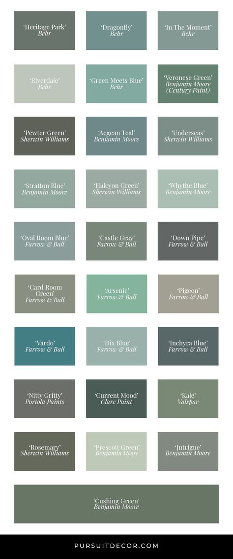 Best Blue Green Paint Colors in Action (by Brand) - Pursuit Decor. Feat. Behr, Benjamin Moore, Sherwin Williams, Valspar, Clare Paint, Farrow & Ball, Portola Paints. Blueish green, teal, sage green, green gray, green toned blue paints. Blue Green Paint Colors Bedroom Ideas, Best Blue Green Paint Colors, Blue Green Paint Colors, Blue Green Nursery, Behr Blue, Green Interior Paint, Blue Green Paint, Blue Green Bedrooms, Green Exterior Paints