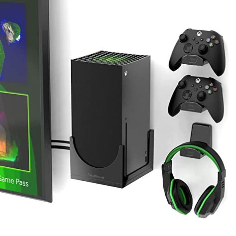 Amazon.com: TotalMount – Wall Mount for Xbox Series X – Prevents Your Xbox from Falling by Securing Each Side (Large Bundle: Wall Mount and 3 Controller Holders) : Video Games Bedroom Gaming Setup With Tv, Xbox Controller Storage Organizing Ideas, Game Console Wall Mount Ideas, Xbox Mounted On Wall, Xbox Storage Ideas Wall Mount, Xbox Series X Wall Mount, Video Game Console Wall Mount, Xbox X Setup, Xbox Decorations Ideas