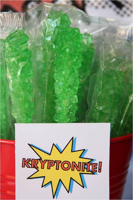 "Kryptonite" sour apple rock candy sticks Superman Party Favors, Dc Superhero Girls Party, Avenger Party, Superman Theme, Superman Birthday Party, Superman Party, Girl Superhero Party, Marvel Birthday Party, Superhero Baby Shower