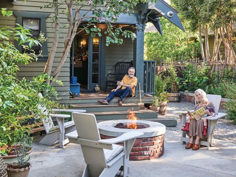 Blended Family Remodels Craftsman Home with Country-in-the-City Style - Sunset Magazine Craftsman Backyard, Craftsman Landscaping, White Adirondack Chairs, Craftsman Remodel, Outdoor Improvements, Danish Modern Furniture, Sunset Magazine, Craftsman Home, Fire Pit Designs