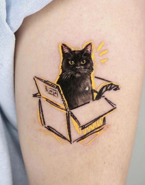 Tattoo Cat Tatoos, Tattoo Gato, Rip Tattoos For Mom, Box Tattoo, Cat Portrait Tattoos, Black Cat Tattoos, Single Needle Tattoo, Kawaii Tattoo, Cat Tattoo Designs