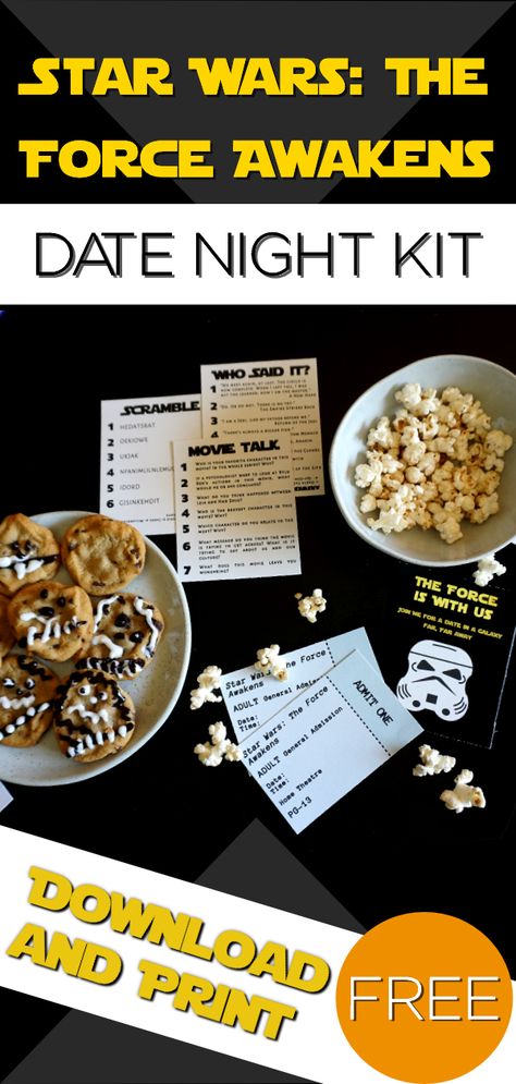 Are you and your date Star Wars nerds? Well, with this date night the force is with you. It's easy, fun, and affordable. Rather than just sitting and watching, step up your movie date with a lightsaber fight, quirky snacks, good conversation, awesome games, and a little bit of humor. #forceawakens #starwars #datenight From makeadateofit.com @makeadateofit Star Wars Themed Movie Night, Star Wars Day Ideas, Star Wars Date Night Ideas, Starwars Movie Night, Star Wars Movie Night Snacks, Star Wars Date Night, Star Wars Themed Dinner, Star Wars Dinner, Star Wars Movie Night