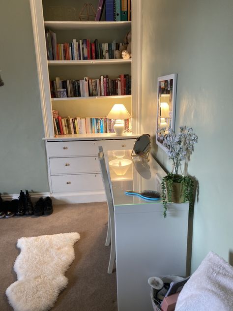 Bookcase Vanity, Table With Plants, Ikea Malm Dressing Table, Bedroom Bookcase, Malm Dressing Table, Plants Aesthetic, Vanity Drawers, Ikea Malm, Bedroom Vanity