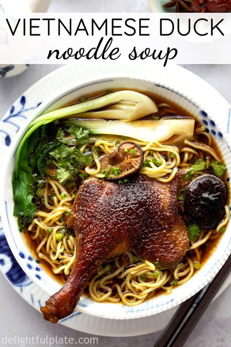 Vietnamese Duck Noodle Soup (Mi Vit Tiem) features slippery noodles, fall-off-the-bone duck legs, and a flavorful dark broth. Learn the easy method to cook this complexed dish at home. #vietnameserecipes #noodlesoups #duckrecipes Duck Broth Soup, Mine Bouille, Best Duck Recipe, Duck Noodle Soup, Gourmet Thanksgiving, Duck Dishes, Noodle Doodle, Asian Soups, Afternoon Lunch