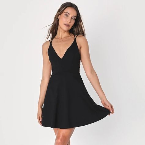 Lulu’s Black Backless Skater Homecoming Dress Dark Blue Summer Dress, White Lace Skater Dress, Black Summer Dress, Flared Skater Skirt, Knit Skater Dress, Believe In Love, Lulus Dresses, Flirty Dresses, Love Black