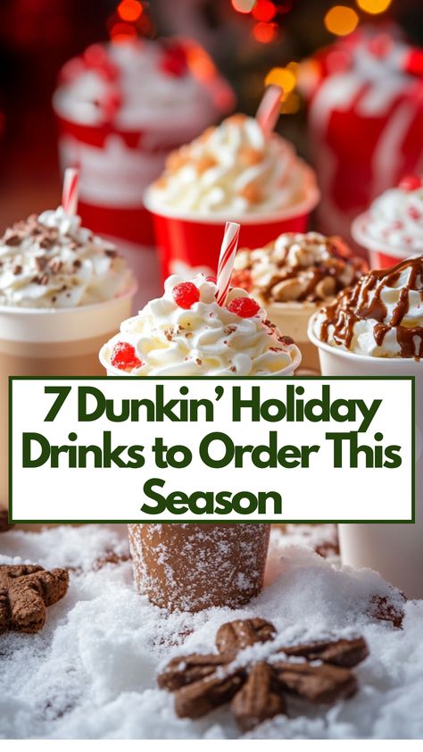 A display of Dunkin's holiday drinks, including peppermint mocha, gingerbread, and toasted white chocolate lattes, set in festive cups against a winter-themed background. Winter Dunkin Drinks, Hot Dunkin Donuts Drinks To Try, Dunkin Holiday Drinks, Dunkin Christmas Drinks, Dunkin’ Donut Drinks, Dunkin Hot Coffee Order, Dunkin Latte Order, Dunkin Coffee Order Ideas, Dunkin Drink Orders