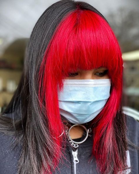 60 Pictures of Dyed Bangs & Colored Fringe That Are HOT in 2021-2022 Curtain Bangs Dyed, Bangs Dyed, Hair Dye Balayage, Highlights Underneath, Dyed Fringe, Red Hair Ideas, Colored Bangs, Dyed Bangs, Pink Hair Streaks