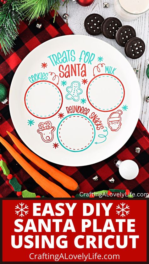 Cookies For Santa Plate Cricut, Cricut Christmas Santa Plate, Vinyl Santa Cookie Plate, Christmas Plates Vinyl, How To Make A Santa Cookie Plate, Cookie Plates For Santa Diy, Santa Cookie Plate Svg, Christmas Charger Plates Diy, Cricut Charger Plate Ideas