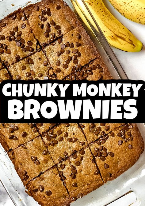 a tray of chunky monkey brownies with a banana on the side and text that reads chunky monkey brownies