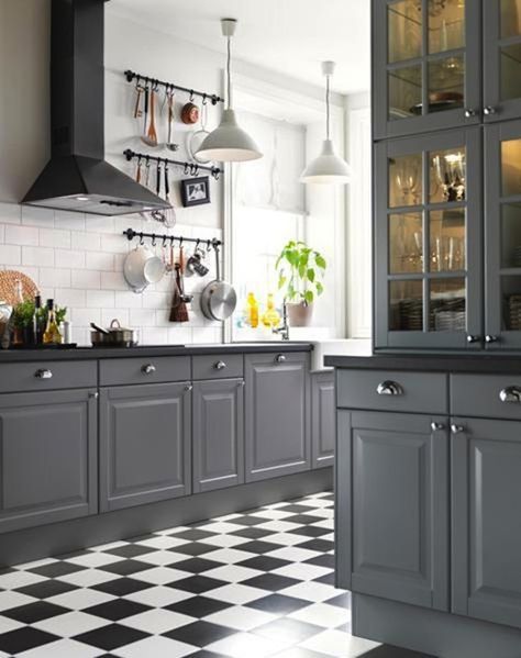 15 Stunning Gray Kitchens Black And White Checkered Floor, Checkered Flooring, White Kitchen Floor, Dark Grey Kitchen Cabinets, Checkered Floor, Серая Кухня, Grey Kitchen Designs, Dark Grey Kitchen, Black Countertops