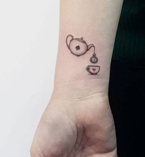 Alice Tea Party Tattoo, Magic Teacup Tattoo, Mini Alice In Wonderland Tattoo, Cute Teacup Tattoo, Alice In Wonderland Tattoo Teacup, Teapot And Cup Tattoo, Tea Party Tattoo Ideas, Cat In Teacup Tattoo, Tiny Teapot Tattoo