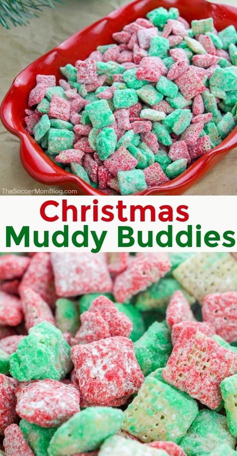 Christmas Puppy Chow (aka holiday muddy buddies) is a fun and festive treat perfect for parties! This red and green cruchy snack mix is easy and delicious! Christmas Muddy Buddies Recipe, Holiday Puppy Chow, Christmas Muddy Buddies, Christmas Puppy Chow, Muddy Buddy Recipe, Puppy Chow Cookies, Puppy Chow Christmas, Puppy Chow Chex Mix Recipe, Favorite Christmas Desserts