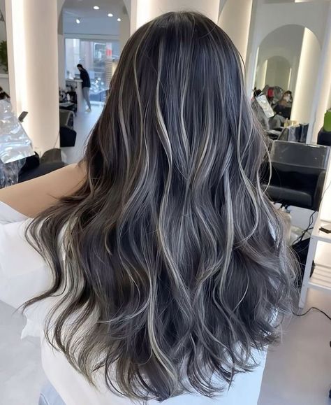 Hair Highlights Streaks, Dark Hair With White Highlights Underneath, Dark Hair With Ashy Balayage, Partial Blonde Highlights On Black Hair, Ash Streaks On Black Hair, High Contrast Babylights, Black And Ashy Hair, Black Hair With Skunk Highlights, Dimension Black Hair