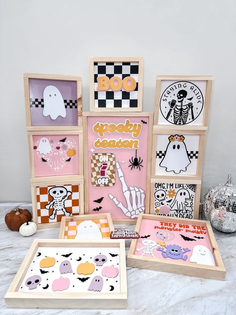 If you are looking for a pop of cute pink Halloween Decor, look no further! Our 2023 Halloween Sign Collection is everything groovy and spooky This listing is for ONE sign If you are looking for the smaller signs, you can find them here: https://suburbanfarmhousellc.etsy.com/listing/1549324468/cute-pink-halloween-ghost-decor-retro?utm_source=Copy&utm_medium=ListingManager&utm_campaign=Share&utm_term=so.lmsm&share_time=1694361188021 Signs are intended for indoor use and are made with a combinatio Halloween Cricut Decoration Ideas, Cute Ghost Decorations, Halloween Business Ideas, Groovy Halloween Decor, Spooky Season Decor, Diy Pink Halloween Decor, Girly Halloween Decor, 2024 Halloween Trends, Hippie Halloween Decor