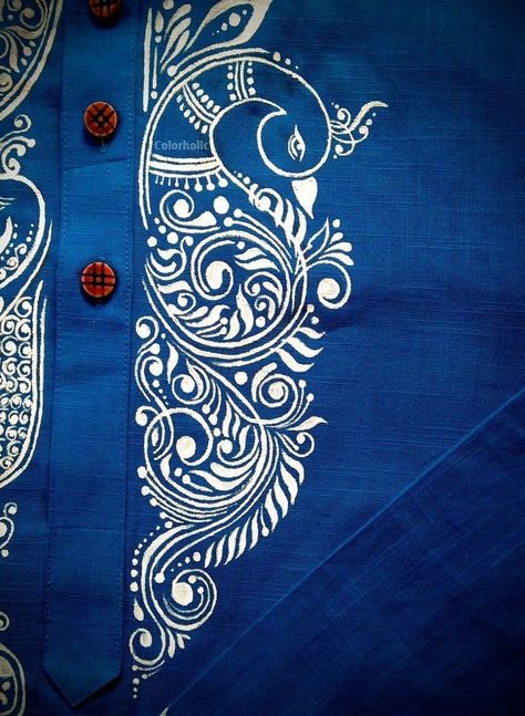 Kalka Design On Punjabi, Kolka Design Panjabi, Panjabi Handpaint Design, Kolka Art Design, Kolka Design Patterns, Panjabi Design For Men Fabric, Panjabi Fabric Painting, Fabric Painting Ideas Creative, Fabric Paint Designs Creative