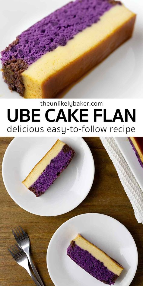 Ube cake flan is your favorite ube cake with leche flan on top. Two of your favorite Filipino desserts in one! It’s delicious and perfect for the holidays and all your celebrations. Easy to make too. Check out the recipe with lots of tips, FAQs and a troubleshooting guide for perfect ube leche flan cake every time. Appitizer Ideas, Ube Leche Flan Cake, Ube Flan, Leche Flan Cake, Ube Cake, Flan Dessert, Filipino Dessert Recipes, Ube Recipes, Flan Cake