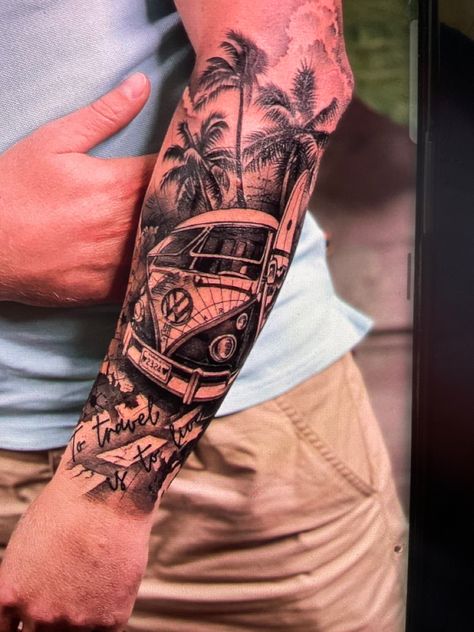 Gta Tattoo Design, Gta Tattoo, Vw Tattoo, Beach Tattoos, Travel Tattoos, Beach Tattoo, Chest Tattoo Men, California Beach, Chest Tattoo