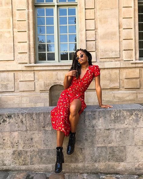 Red Summer Dress and Black Boot Combinations Red Dress Spring, Red Sun Dress Outfit, Summer Dress And Boots Outfit, Red Dress Boots Outfit, Red Summer Dress Outfit Casual, Summer Dress And Boots, Red Wrap Dress Outfit Summer, Red Spring Outfit, Red Summer Dress With Colorful Pattern