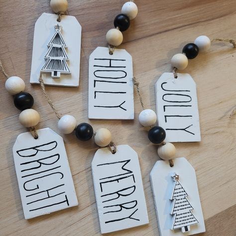 Farmhouse Tags Hand Painted Ornaments. 6 In The Set. Christmas Gift Tags Silhouette Cameo, Wooden Tag Ornaments Diy, Wood Tag Christmas Ornaments, Metal Tag Ornaments, Wood Tags Ideas, Galvanized Ornaments, Tag Christmas Ornaments, Black And White Christmas Ornaments, Diy Wood Ornaments