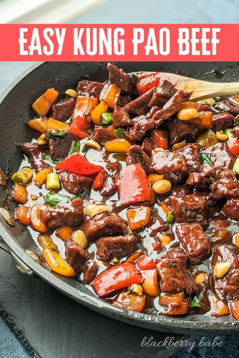 This Kung Pao Beef recipe has been simplified to make it perfectly for a weeknight dinner! Tender beef with peppers in a sweet and spicy sauce. | Chinese Beef Recipe | Spicy Beef Recipe | Beef and Peppers | Red Pepper Beef | Asian Beef Recipe #beef #kungpao #asianbeef Hot And Spicy Beef Chinese, Kung Pao Beef Recipe, Kung Pao Beef, Beef And Peppers, Chinese Beef Recipes, Chinese Beef, Pepper Beef, Asian Beef, Recipe Beef