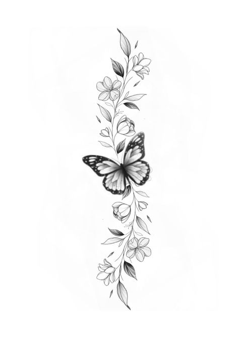 Women Arm Tattoo Butterfly, Butterfly Tattoo With Flowers Around It, Vine And Butterfly Tattoos For Women, Butterfly With Flower Tattoo Designs, Butterfly With Vines Tattoo, Long Butterfly Tattoo, Lower Sleeve Tattoos For Women, Butterfly With Flowers Tattoo For Women, Cute Tattoos Arm