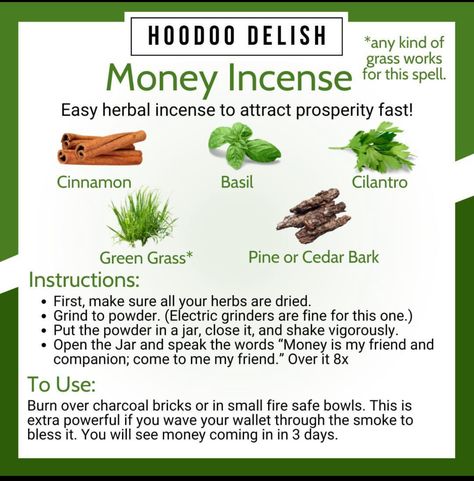 Hoodoo Money, Witchy Incense, Money Incense, Hoodoo Delish, Prayer For Prosperity, Hoodoo Magic, Simmer Pot Recipes, Hoodoo Spells, Witchy Tips