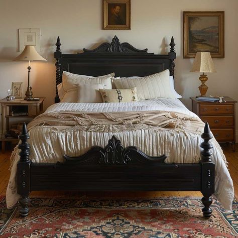 Black Bedroom Furniture Aesthetic, Folksy Bedroom, Black And Gold Vintage Bedroom, Black Farmhouse Furniture, Black Bed Frame Decor, Black Metal Bed Frame Bedroom, Black Furniture Bedroom Aesthetic, Black Bed Frame Bedroom Ideas, Black King Bed Frame