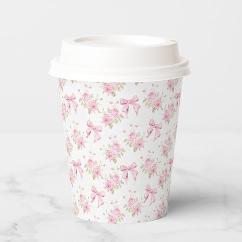 Romantic Pink Cottage Rose paper cup features a coquette styled design of pink cabbage roses and pink bows in the background. Coquette Things To Buy, Coquette Things, Bow Tie Party, Random Products, Rose Paper, Cottage Rose, Pink Cottage, Products Photography, Pink Stuff