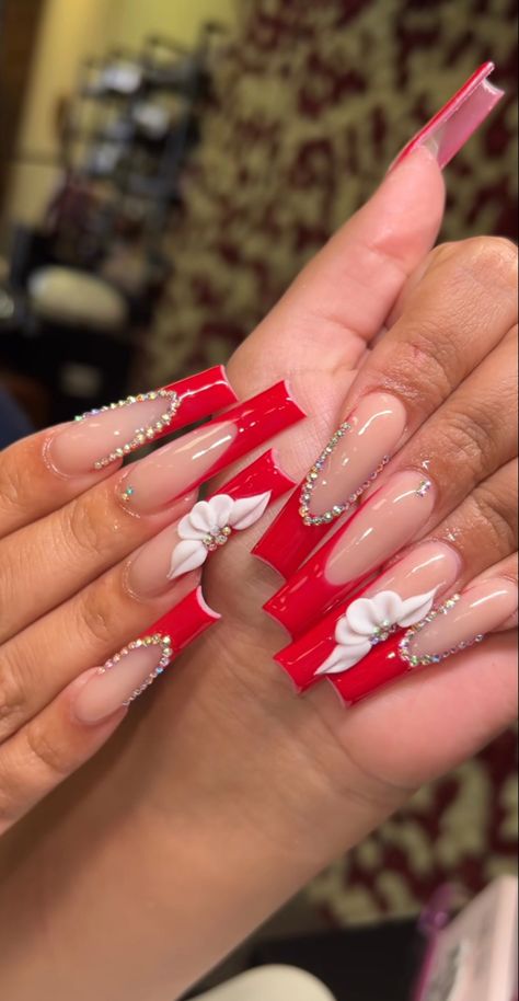 Red French Tip Nails Bling, Red Long Nails Designs, Long Red Acrylic Nails Design, Xl French Tip Nails, Red French Tip Toe Nails, Red Exotic Nails, Thailand Nails, Red Long Nails, White Tip Nails