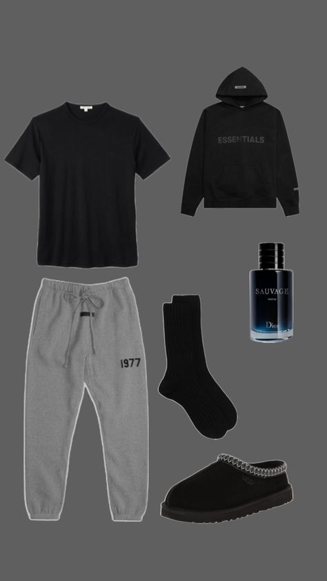 Men’s Lazy Outfits, Essential Crewneck Outfit, Comfy Outfits For School Men, Outfits With Pajama Pants, Comfy Outfit Ideas For School, Mens Chill Outfits, Chill Fits For Men, Chill Outfit Men, Comfy Chill Outfits