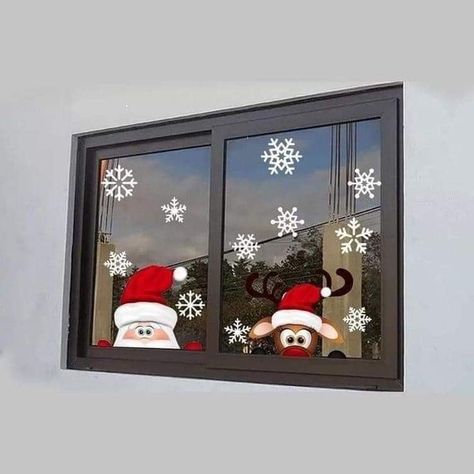 Window Decoration Ideas For Christmas, Office Window Christmas Decor, Easy Christmas Window Display, Christmas Decor Ideas Paper Crafts, Diy Window Decorations Christmas, Christmas Window Art Diy, Window Xmas Decorations, Paint Windows For Christmas, Snow Door Decorations