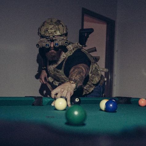 DJ Shipley on Instagram: "When given the opportunity to move in a unfamiliar structure and polish your skillset, you do it. When you discover a pool table during clearance and realize you’ve never played a full game of pool on NODs, you remedy that and send it with your boy! Solid work. @therealphatty 📸 @dynamikconcepts #movement #gbrsgroup #cqb #unconventional #pool #havefun" Dj Shipley, Wojskowy Humor, Soldier Images, Special Forces Gear, Tactical Operator, Military Aesthetic, Night Vision Goggles, Military Gear Tactical, Army Pics