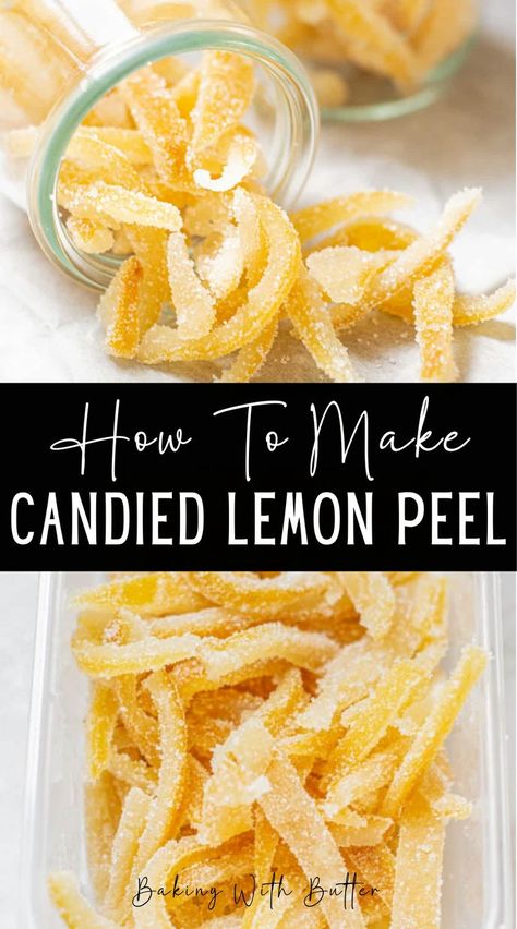 Candied lemon peel is deliciously tangy, sweet and chewy. Use it in fruit bread, hot cross buns, decorating cakes and more! Often when using lemons, you might just the juice and maybe a little bit of the lemon zest. Candied peel is the best way to use the entire lemon. It makes a delicious addition to baked goods and a sweet edible gift. Lemon Candy Recipe, Lemon Peel Recipes, Using Lemons, Candied Lemon Peel, Lemon Recipe, Lemon Uses, Candied Orange Peel, Candied Lemons, Fruit Bread