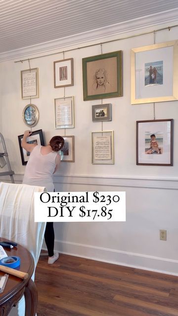 Picture Rail Wall Ideas, Layered Frames On Wall, Picture Rail Ideas Living Room, Diy Picture Rail Gallery Wall, Gallery Wall Rail System, Diy Hanging Gallery Wall, Curtain Rod Picture Hanger Wall Hangings, Plate Rail Wall, Gallery Wall Chair Rail