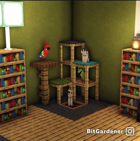 Shelves Minecraft Ideas, Minecraft Stairs Interior, Minecraft Green Bedroom Ideas, Bird Room Minecraft, Minecraft Reading Corner, Cute Minecraft Closet, Cat Stand Minecraft, Minecraft Cat Post, Minecraft Crafting Area Ideas