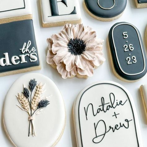 Madison Bagley on Instagram: "I’m really loving these modern and sleek black & white cookies!🖤🤍 ⠀ It’s really refreshing to do something way different from your normal style! ⠀ Oval is from @killerzebras Use code BUSYBBAKEHOUSE for 10% off at check out! ⠀ Arched plaque is from @thebakery ⠀ ⠀ ⠀ ⠀ ⠀ ⠀ #moderncookies #modernboho #blackandwhitecookies #bohocookies #bridalshowercookies #weddingcookies #busybbakehouse #decoratedcookies #royalicing #customcookies #sugarcookies" Moody Wedding Cookies, Engagement Cookies Black And White, Black And White Cookies Wedding, Wedding Cookies Black And White, Couples Shower Cookies Decorated, Modern Wedding Cookies, Bridal Brunch Cookies, Bride Or Die Cookies, Black And White Birthday Cookies