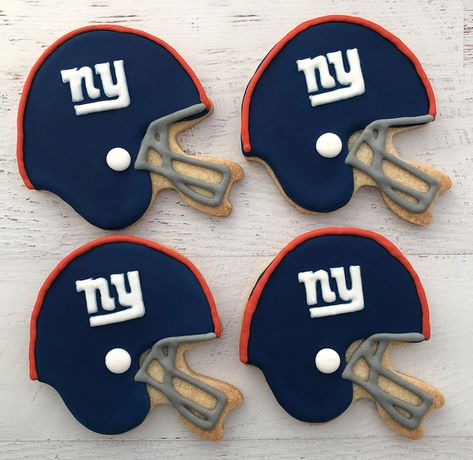 NY Giants Helmet Cookies Football Helmet Cookies Royal Icing, Helmet Cookies Decorated, Football Helmet Cookies Decorated, Football Helmet Cookies, Hockey Cookies, Football Sugar Cookies, Sport Cookies, Soccer Cookies, Hs Logo