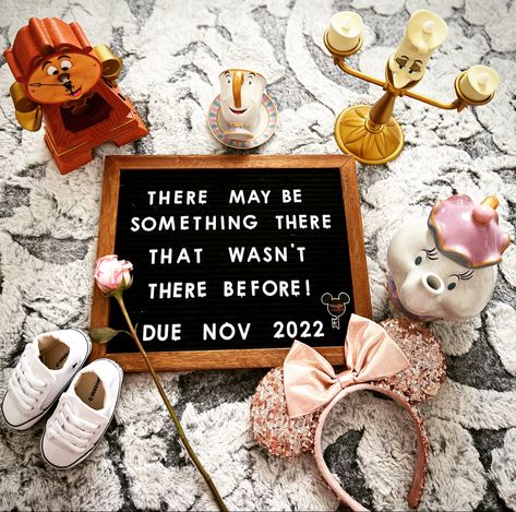 Beauty And Beast Nursery, Disney Adoption Announcement, Baby Girl Disney Baby Shower Ideas, Beauty And The Beast Nursery Ideas, June Pregnancy Announcement Ideas, Gender Reveal Ideas Disney Theme, Disney Announcement Pregnancy, Bookish Baby Announcement, Disney Baby Announcement With Sibling