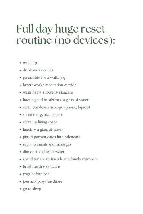 This routine is the perfect guide for anyone who wants to have a full day away from their devices and wants to focus on themselves a little. Feel free to add and remove tasks to suit you and your lifestyle.#GratitudeJournalTips #JournalingForGratitude #GratitudeJournalPrompts #WritingTherapy #Journaling2024 #GratefulHeart #JournalingCommunity #SelfCare #Mindfulness Days To Add To Your Calendar, How To Have A Routine, Working From Home Routine, The Perfect Day Routine, Reset Day Checklist, Perfect Day Routine, Daily Routine Ideas, Healthy Daily Routine, Self Care Guide