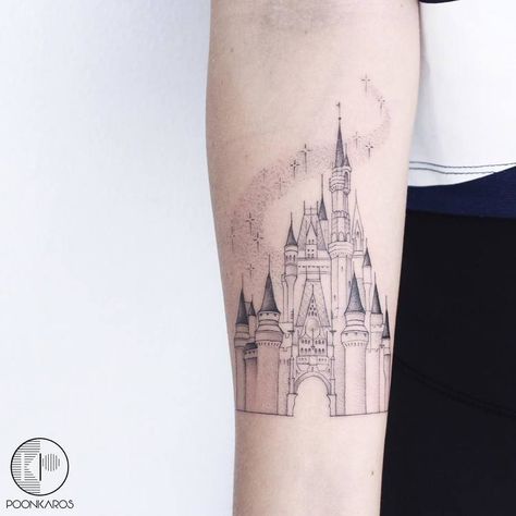 44 Fine Line Black and Grey Tattoos by Poonkaros | Page 2 of 4 | TattooAdore Disneyland Castle Tattoo, Nostalgic Tattoos, Disney Castle Tattoo, Disney Inspired Tattoos, Victorian Witch, Tattoo Disney, Castle Tattoo, Inner Forearm Tattoo, Disneyland Castle